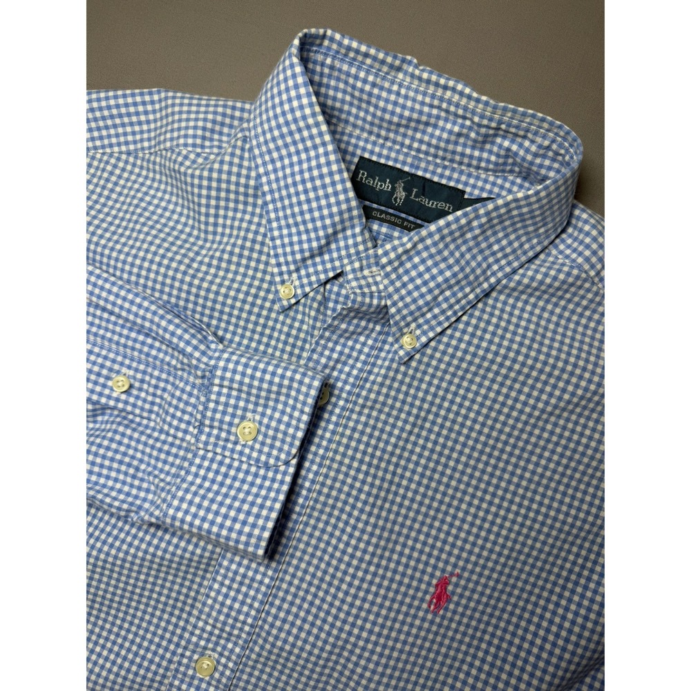 Ralph Lauren Mens Classic Fit Gingham Button Down Shirt Blue White Cotton Large